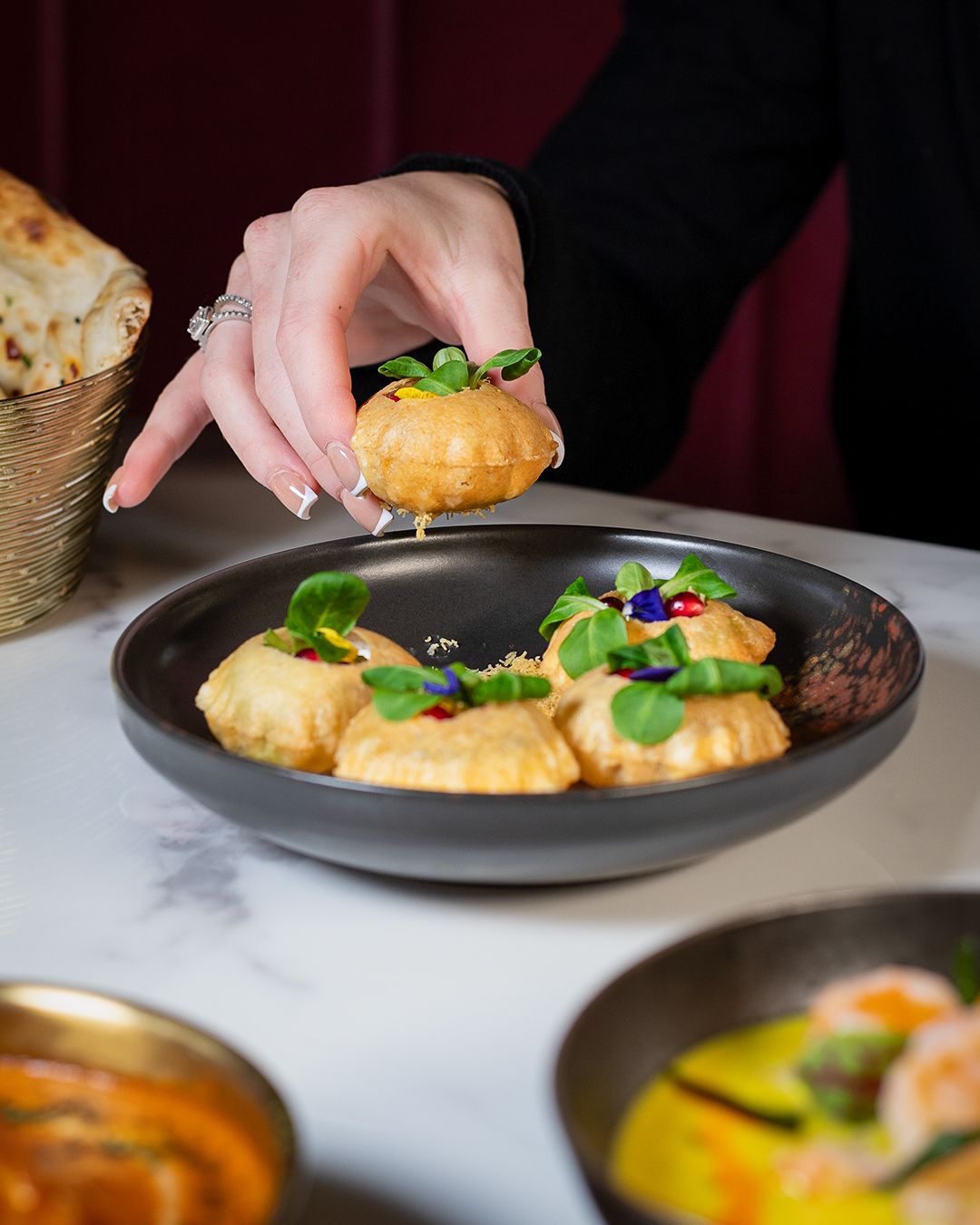 Close-up of plated dish - Indian Food, being served with professional food photography in Heathrow, London, UK