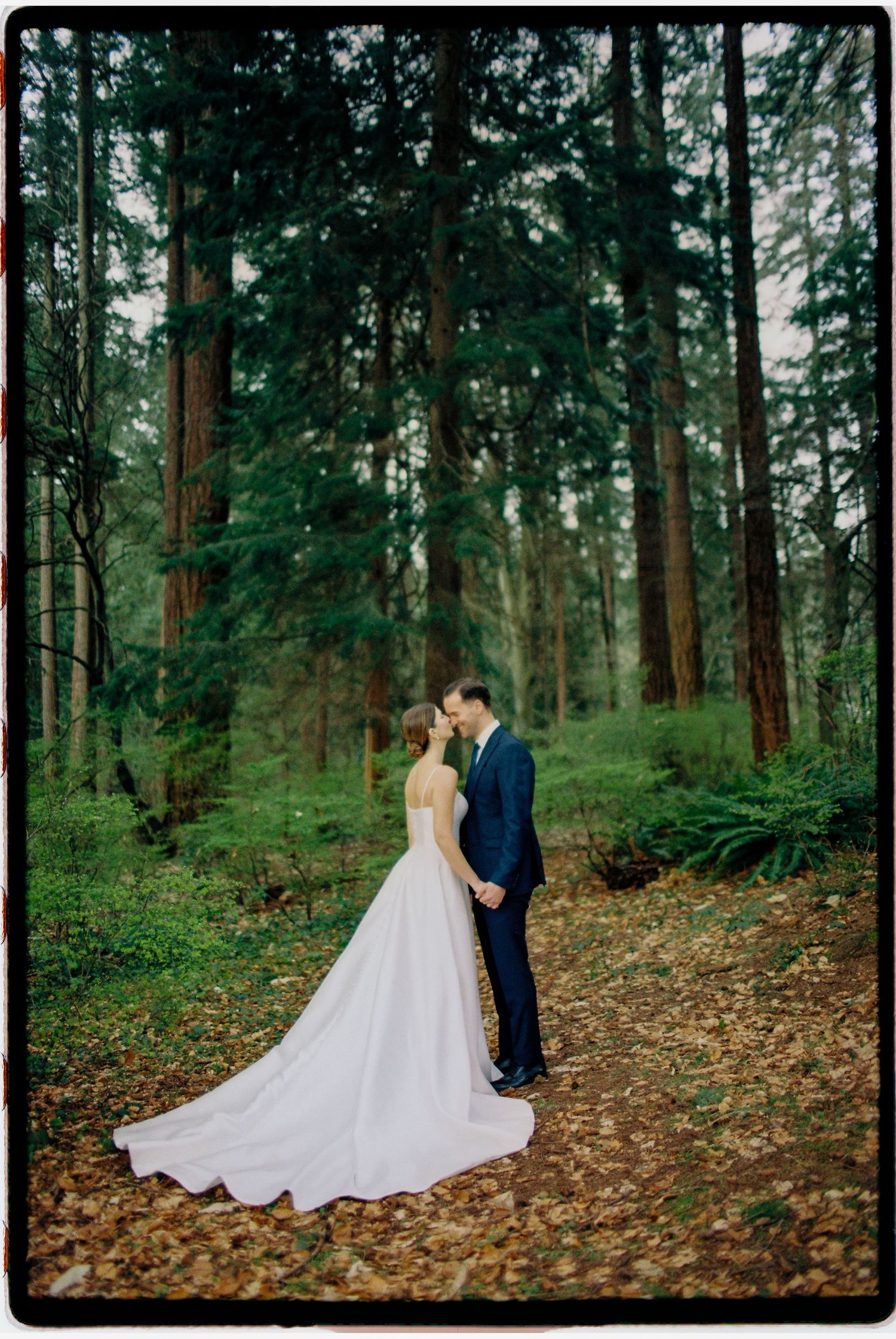 Bride and groom sharing a romantic moment in a lush forest wedding portrait.