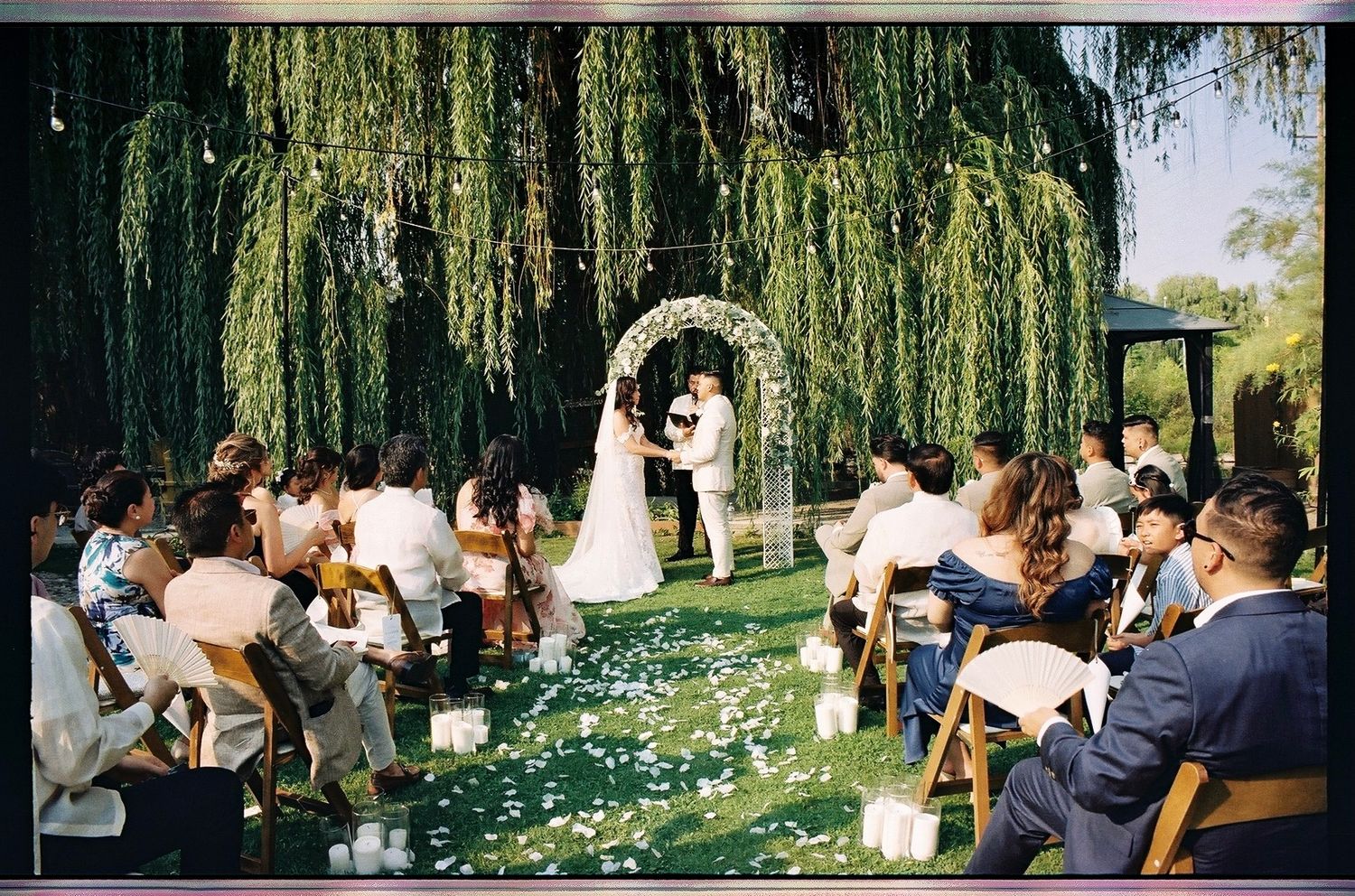 Romantic outdoor wedding ceremony under weeping willow tree with rose petal aisle and candlelit path.