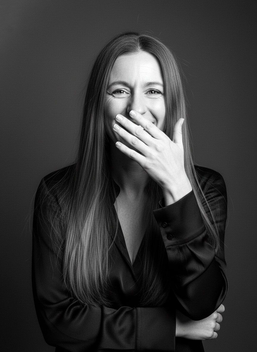 Black and white portrait of a woman with long hair laughing and covering her mouth with her hand.