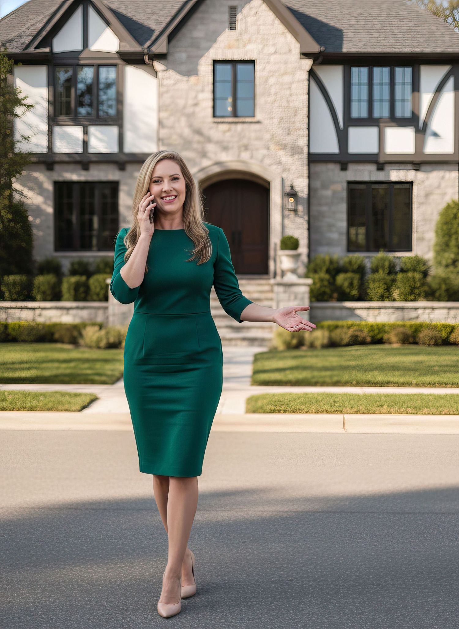 Smiling female realtor in green dress talking on phone outside luxury Tudor-style home.