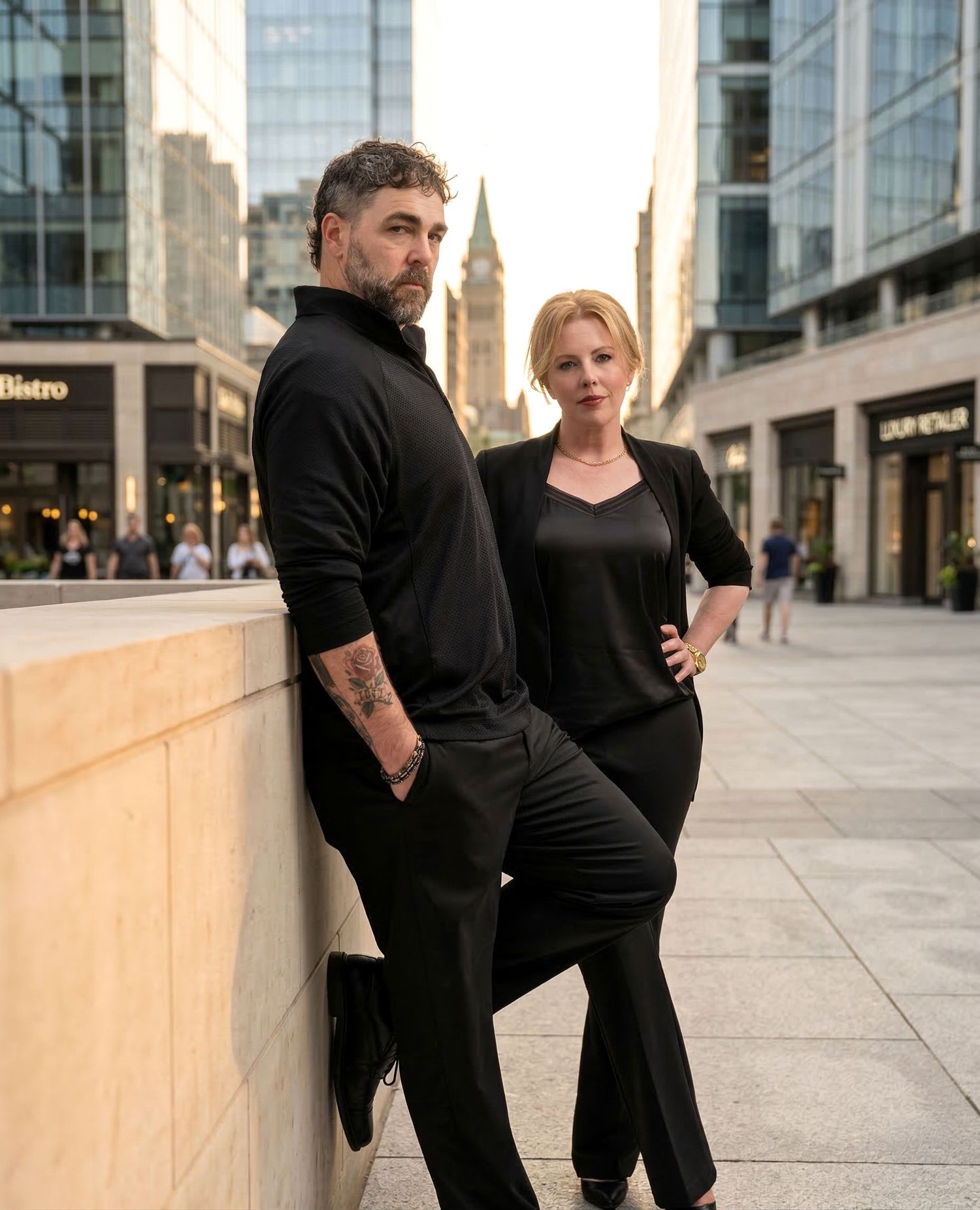 Stylish duo in all-black attire posing outdoors in modern urban cityscape.