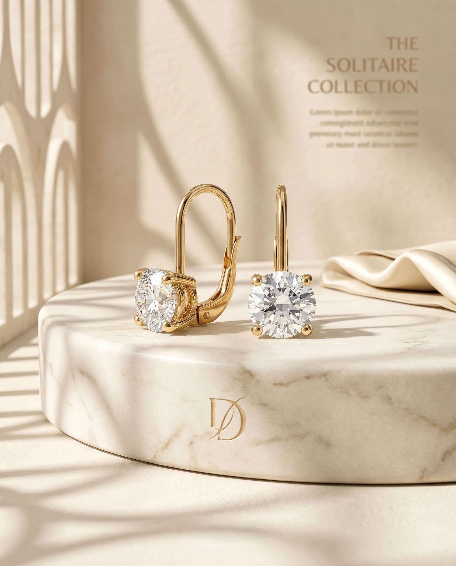 Gold lever-back diamond solitaire earrings from The Solitaire Collection displayed on elegant marble surface.