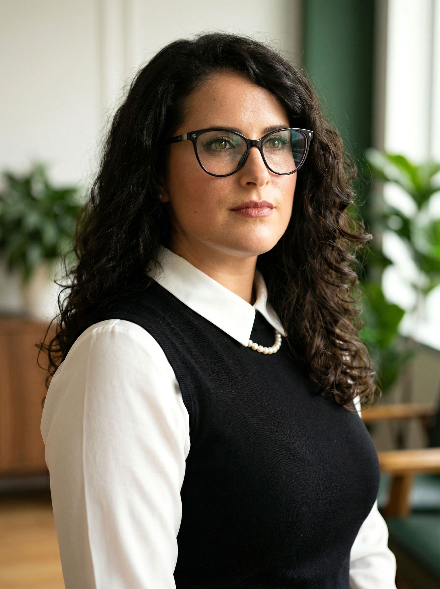 Professional woman with curly hair and glasses in black vest, office background portrait.
