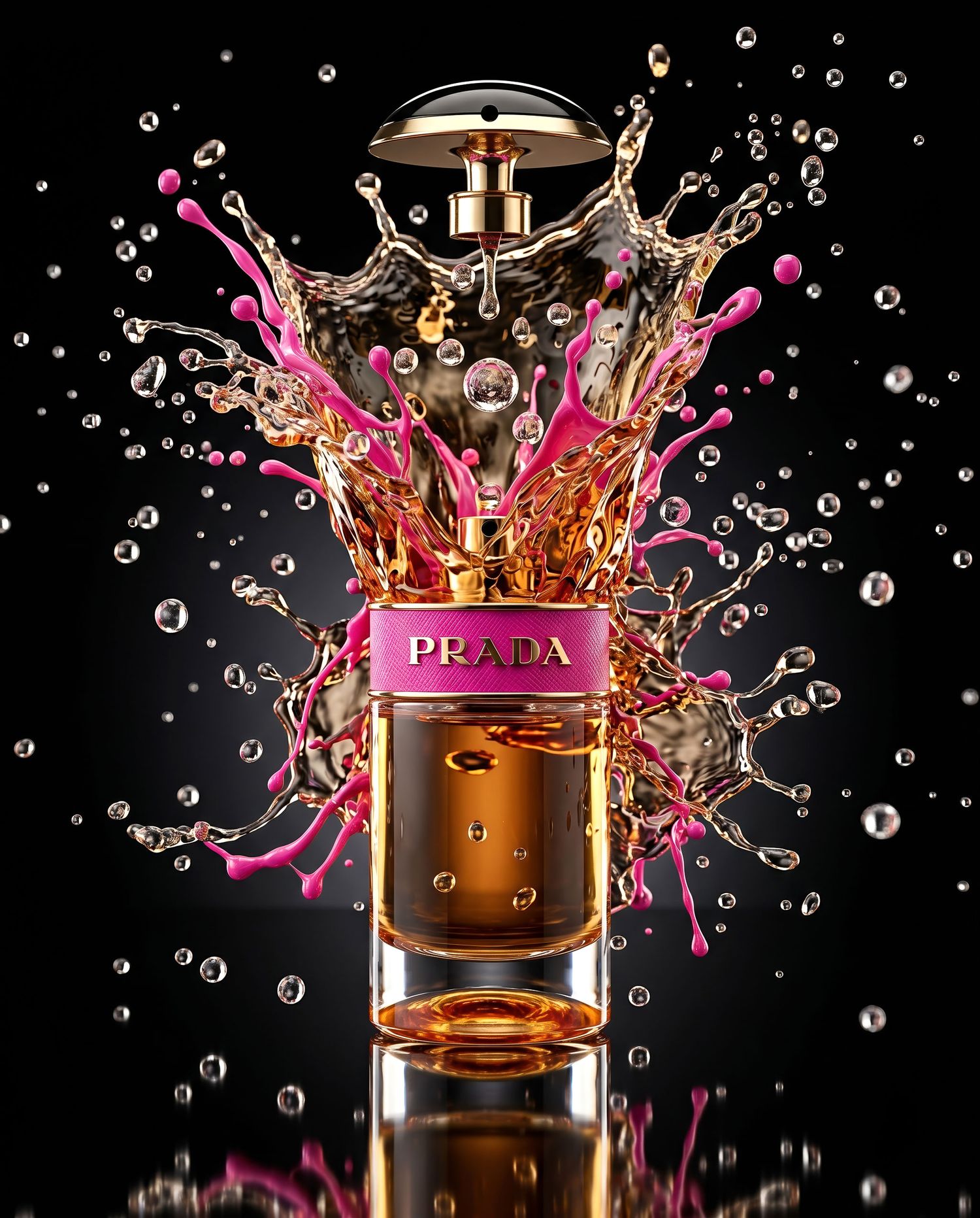 Prada perfume bottle with dramatic pink and gold liquid splash against dark background with water droplets.