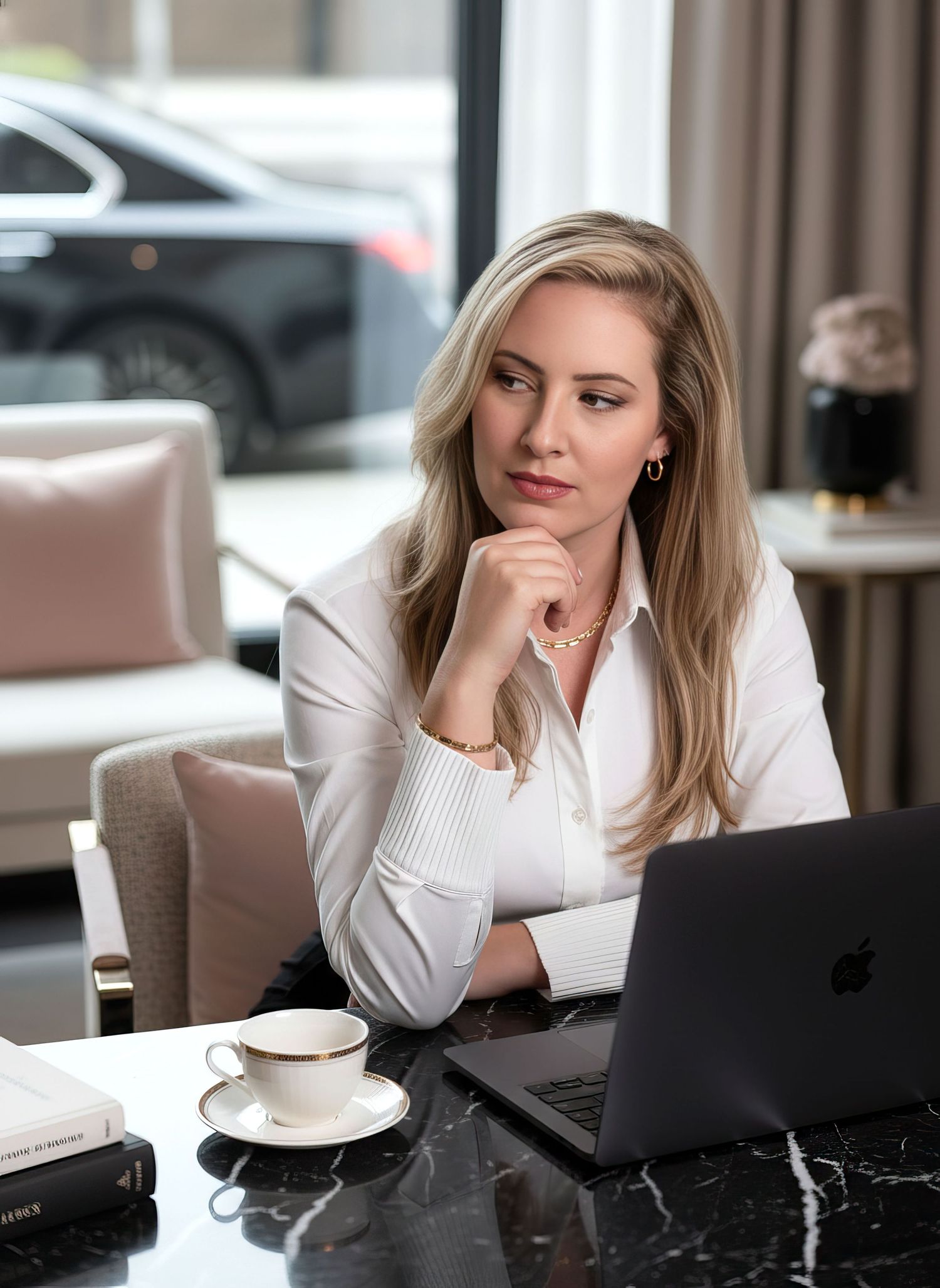 Blonde woman in white blouse working on MacBook at marble desk with coffee.