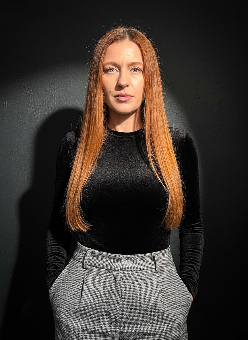 A professional woman with long red hair wearing a black turtleneck and gray plaid trousers poses against a dark background.