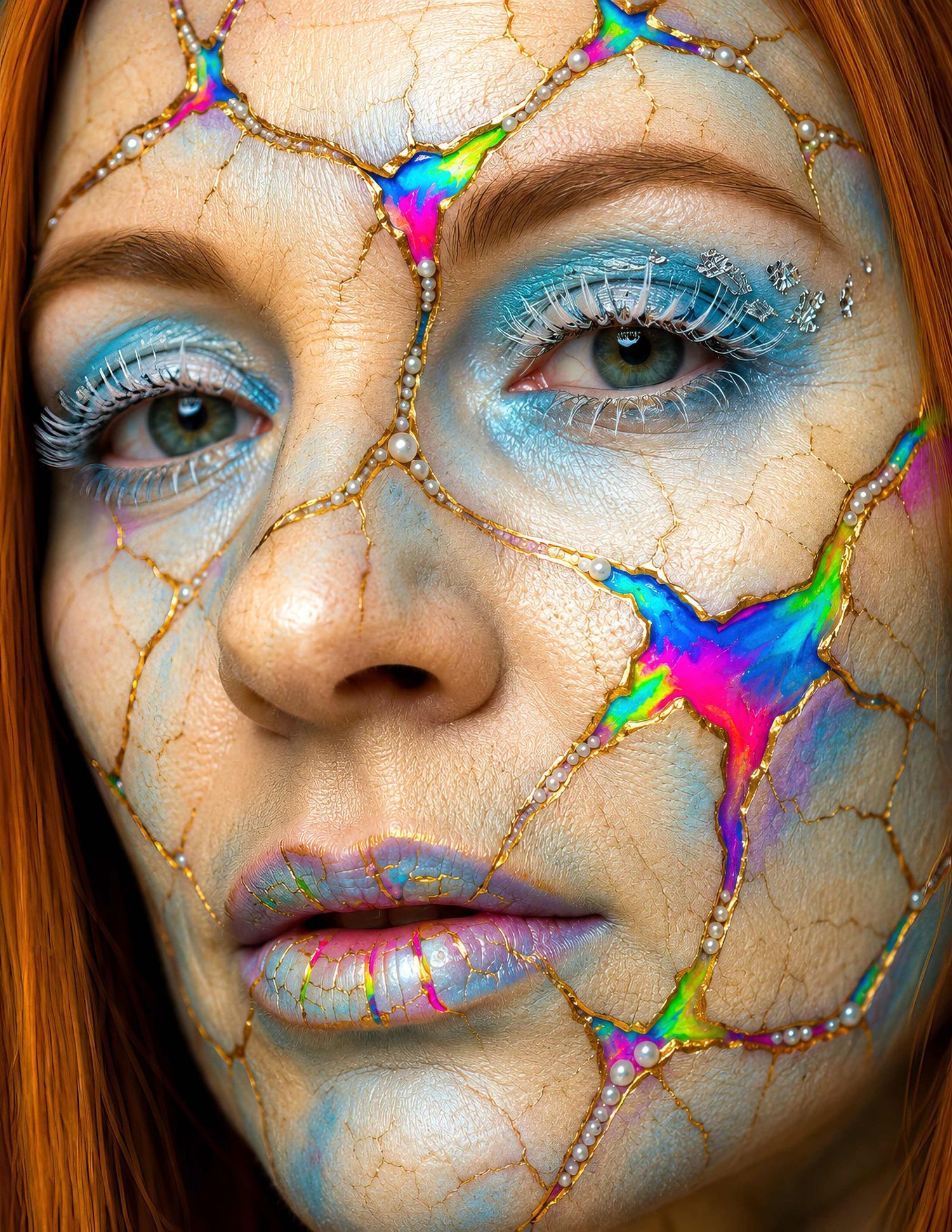 Close-up portrait with colorful cracked kintsugi-style makeup on redhead woman.
