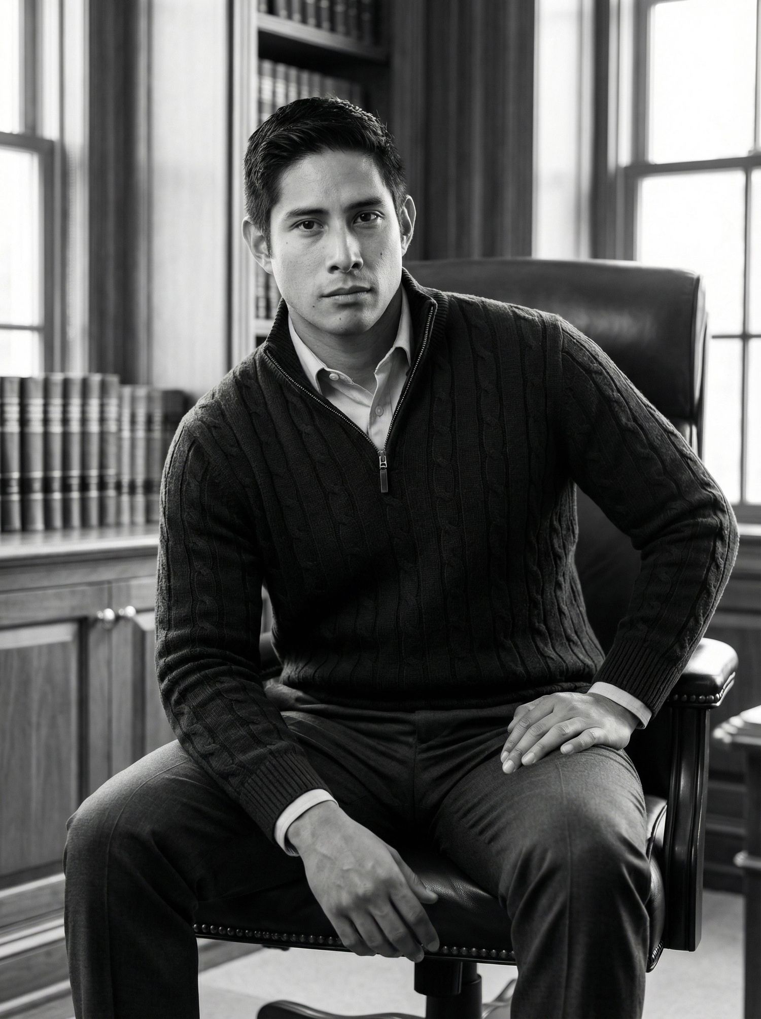 Black and white portrait of a young man in a cable-knit sweater seated in a leather chair in a library.