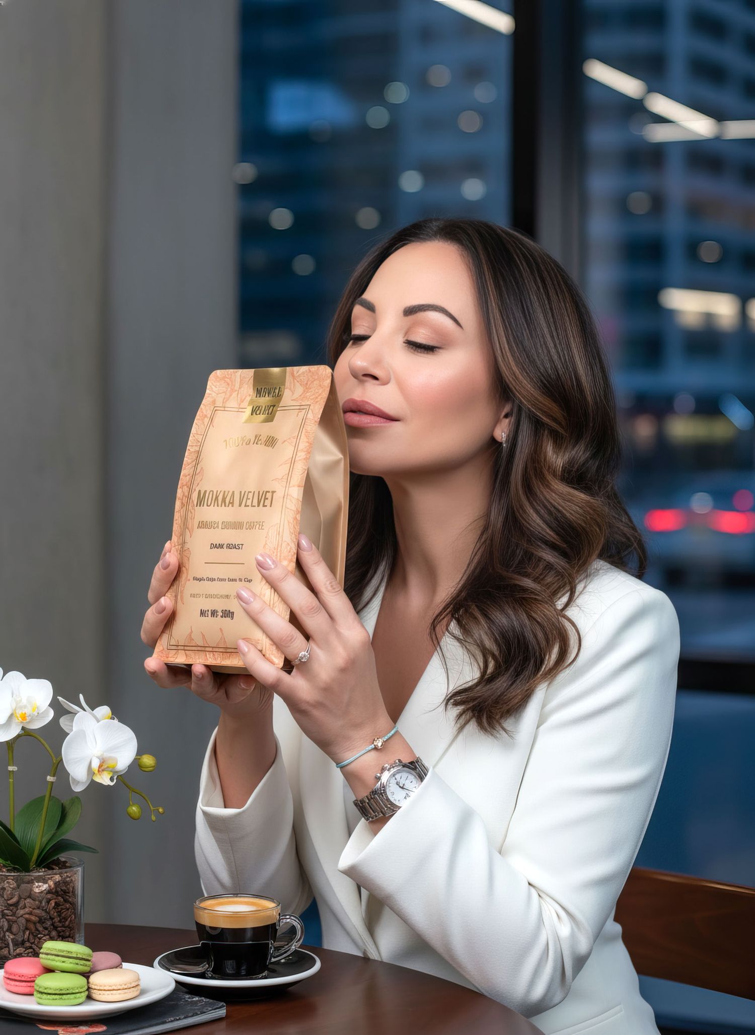 Elegant woman in white blazer smelling Mokka Velvet coffee bag at cafe table.