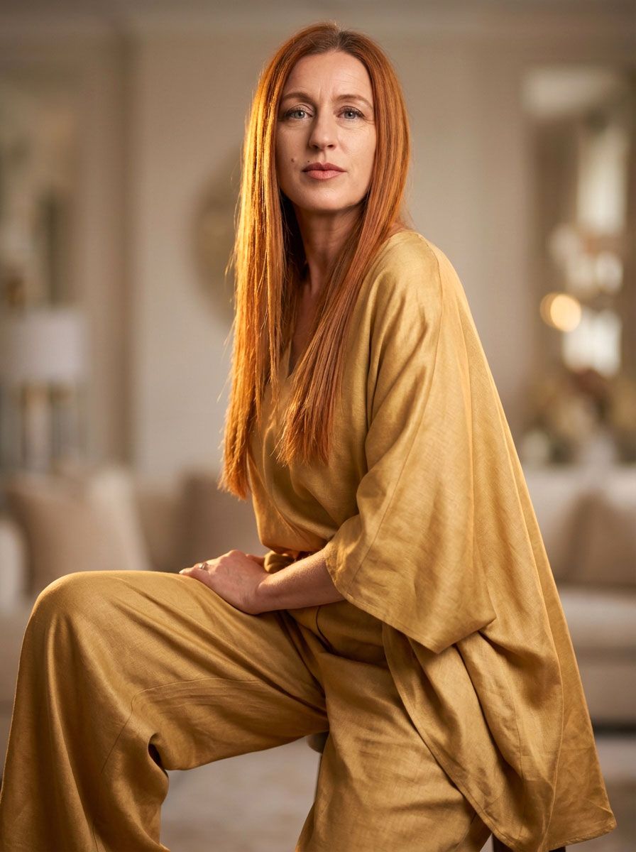 A redhead woman in a golden ochre wide-sleeve outfit sits gracefully in a softly lit elegant room.