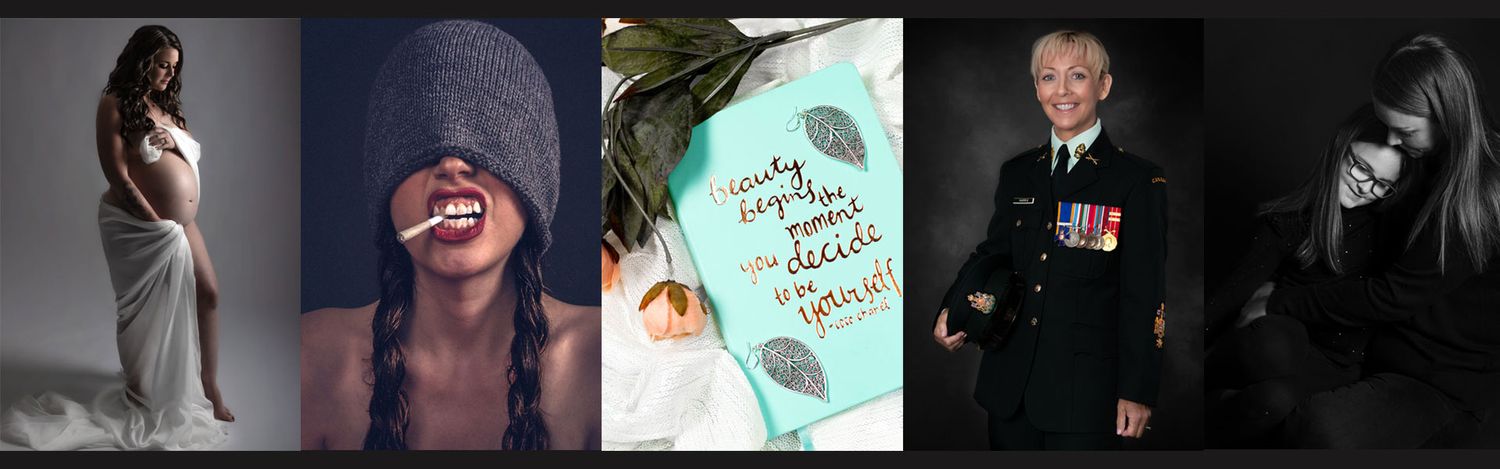 Collage of five diverse women in various portrait and lifestyle photography styles.