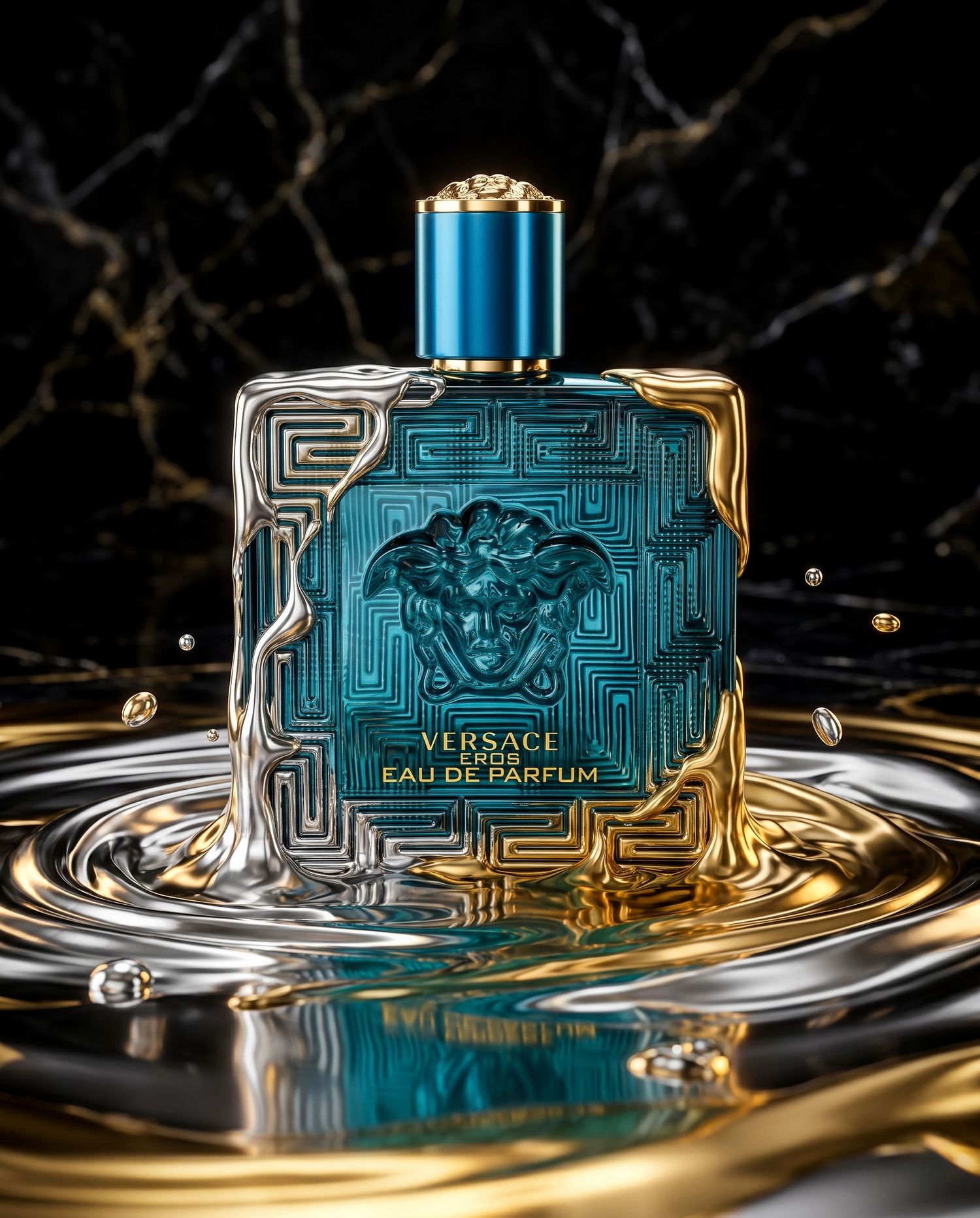 Versace Eros Eau de Parfum bottle with Medusa detail emerging from gold liquid ripples.