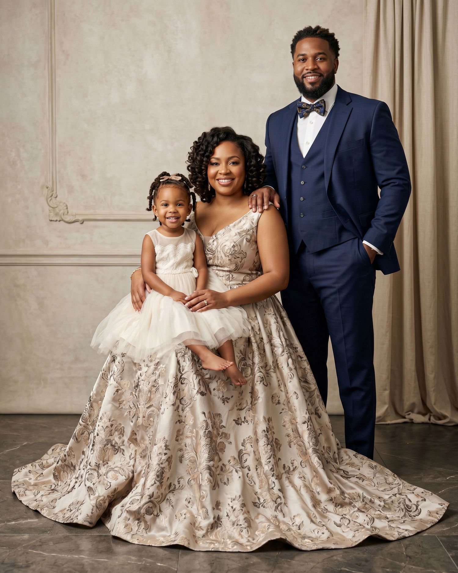 Elegantly dressed family of three in formal attire posing for a professional studio portrait. an Ottawa studio Family fine art portrait.