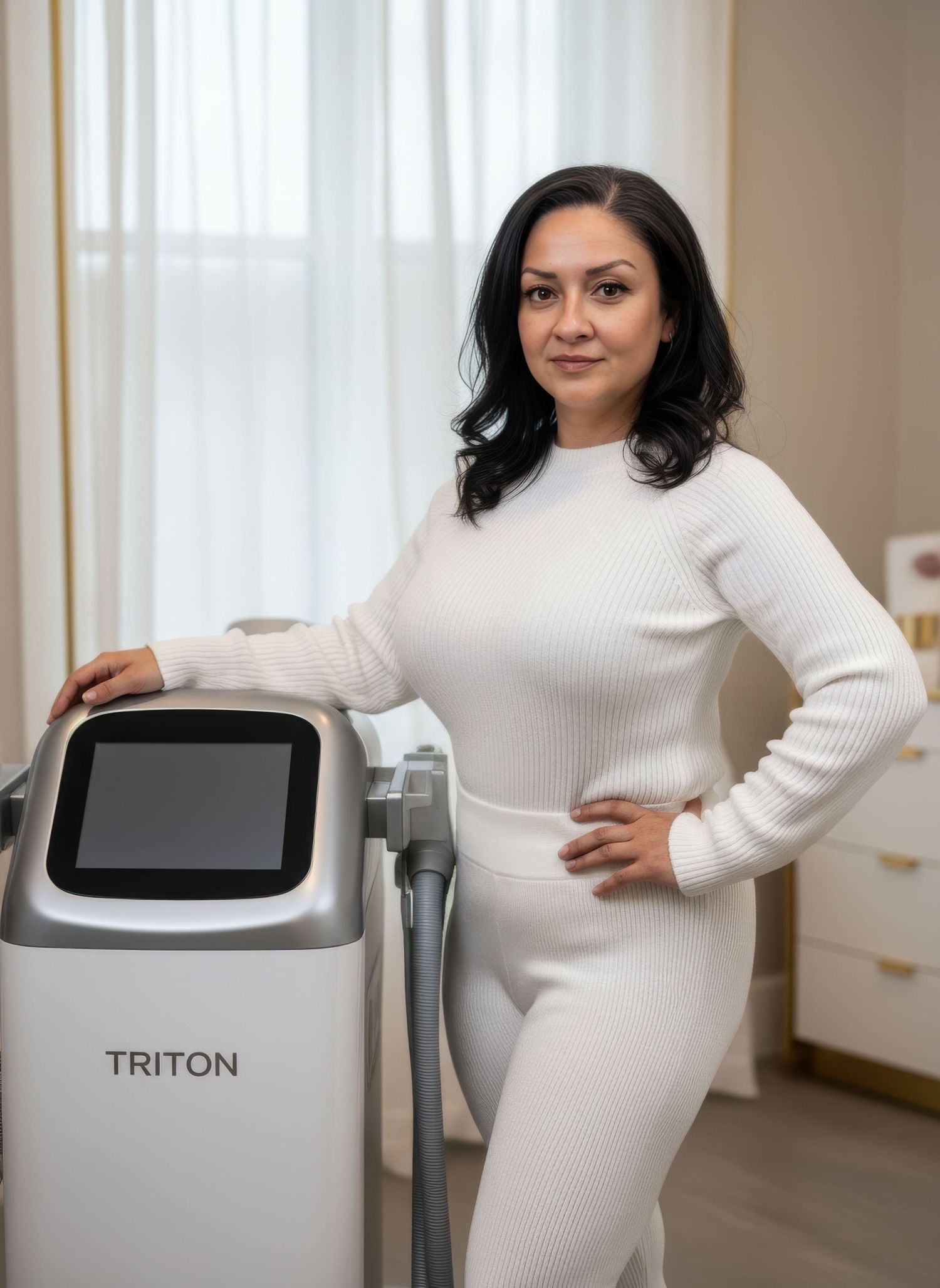 Woman in white ribbed outfit posing beside Triton laser machine in luxury med spa.