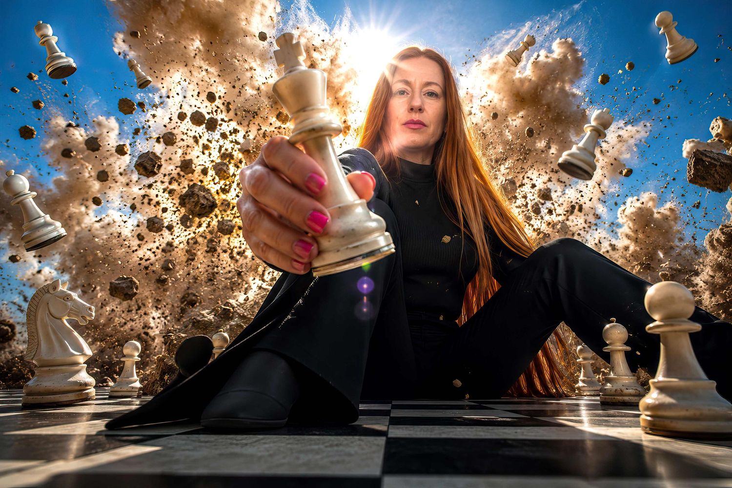 Woman reaching for chess queen piece amid dramatic explosion on chessboard.