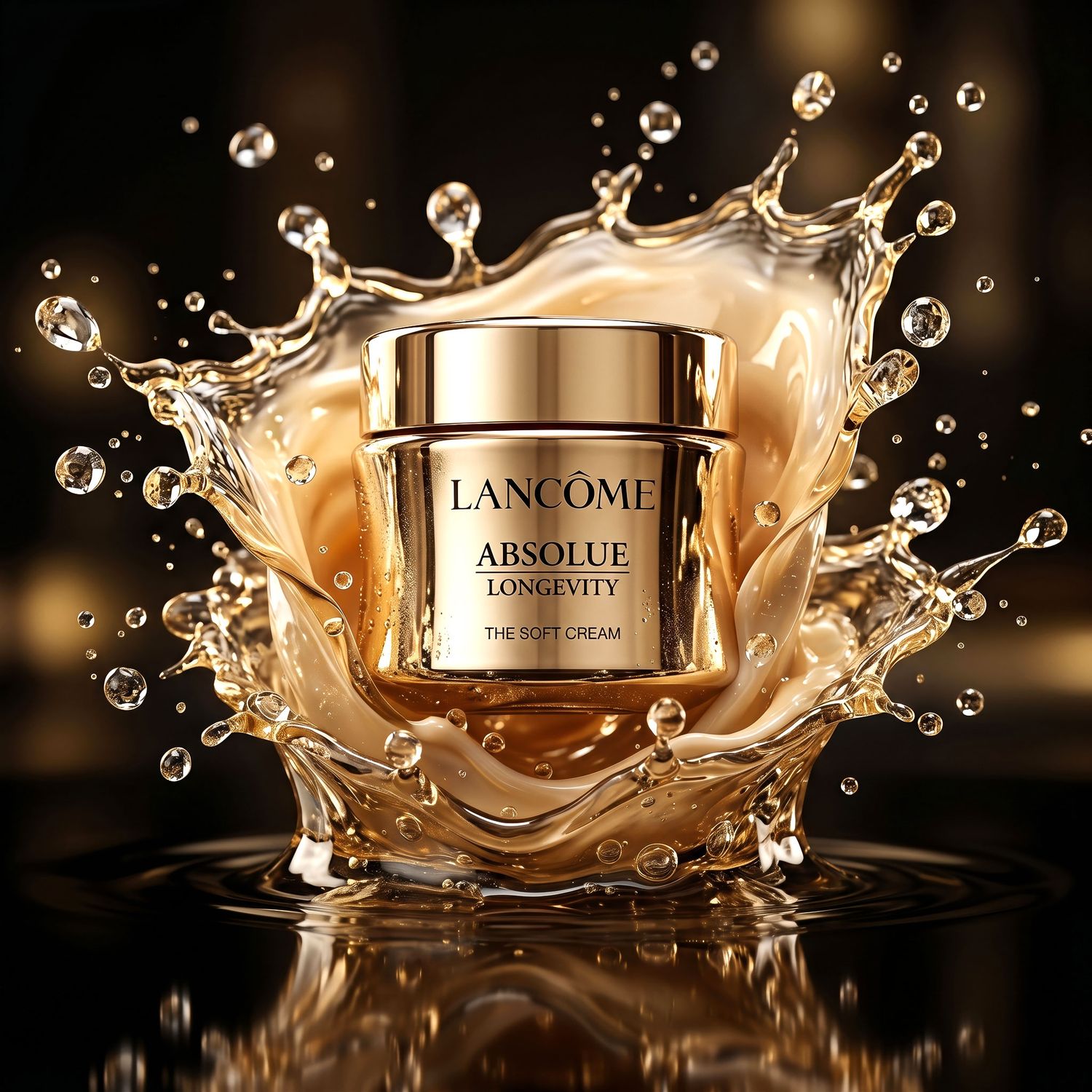Lancome Absolue Longevity cream jar emerging from golden liquid splash on reflective surface.