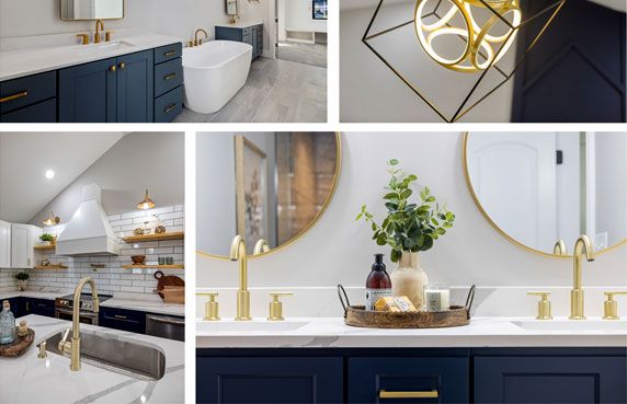 Navy and gold bathroom design collage featuring freestanding tub and brass fixtures.