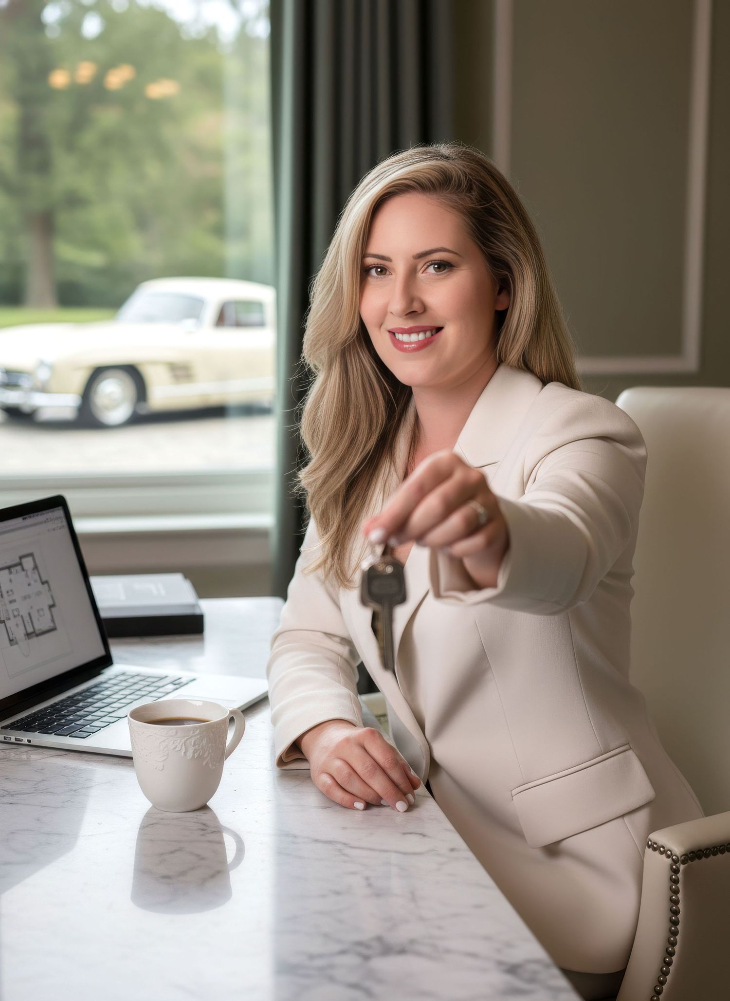 Smiling female realtor handing keys to client at marble desk with laptop and coffee.