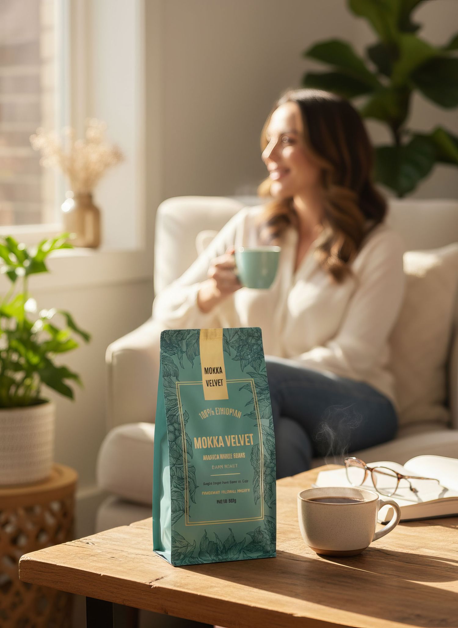 Bag of Mokka Velvet coffee on wooden table with woman relaxing on sofa in bright living room.