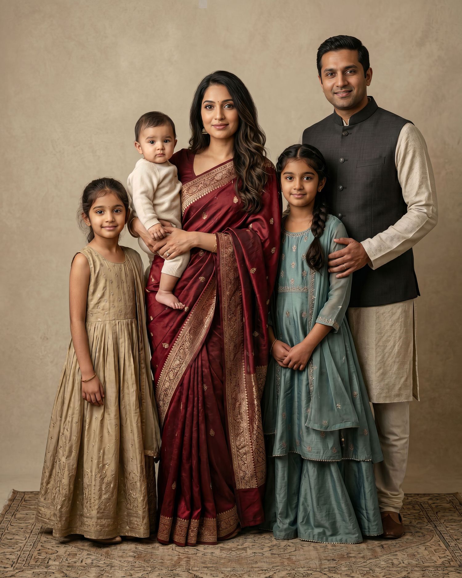 Indian family of five in traditional attire poses for a warm studio portrait. an Ottawa studio Family fine art portrait.