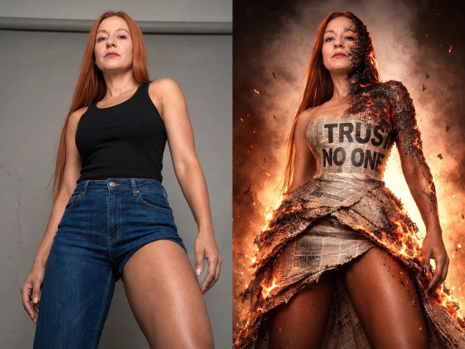 Side-by-side photo of a redhead woman in casual wear and a dramatic fire fantasy edit with Trust No One text.