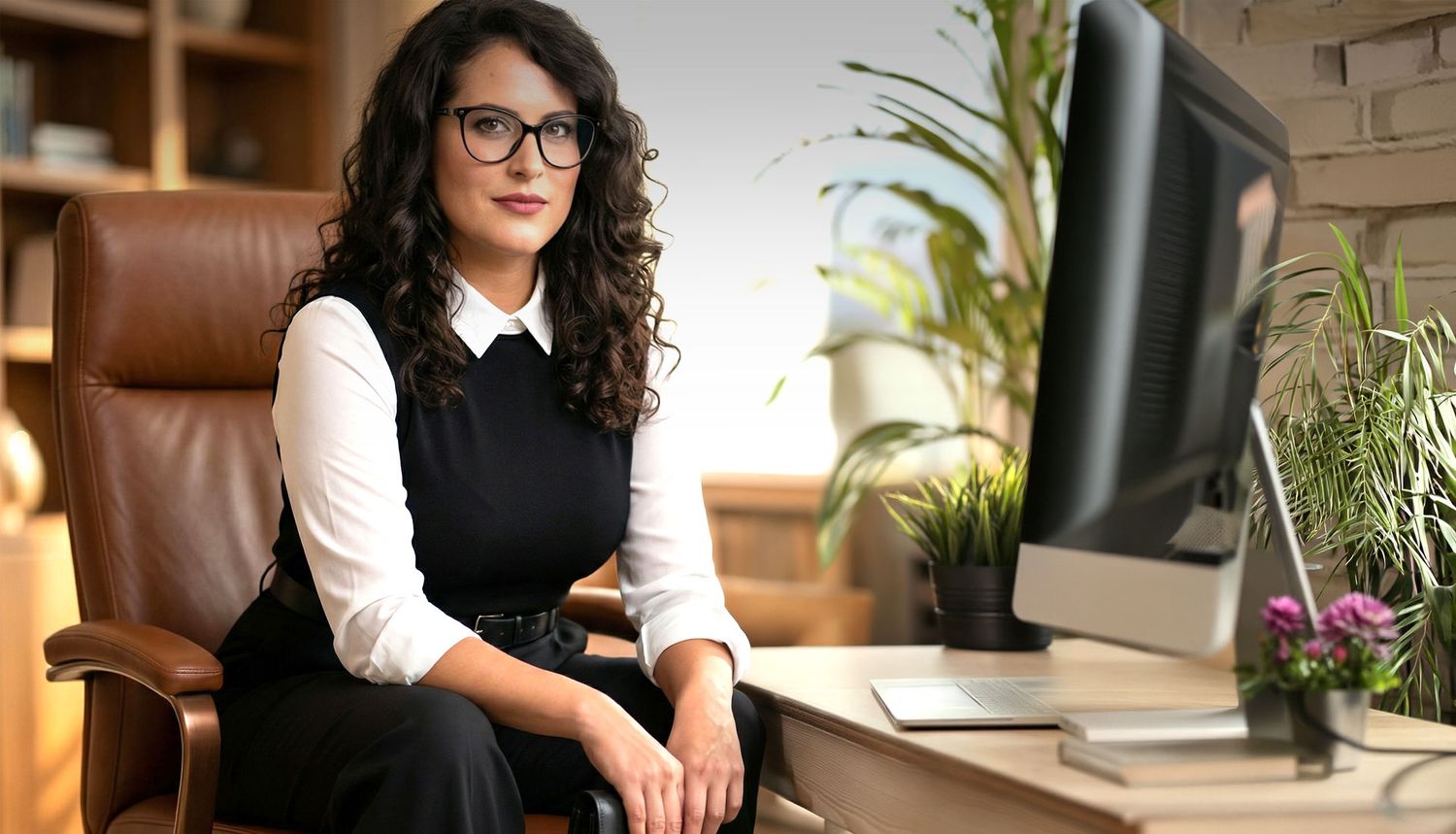 Professional woman with curly hair and glasses seated at desk with computer in modern office.
