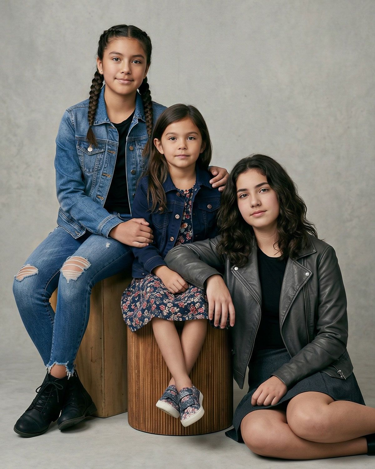 Three Hispanic sisters pose together in denim jackets for a stylish studio portrait. an Ottawa studio Family fine art portrait.