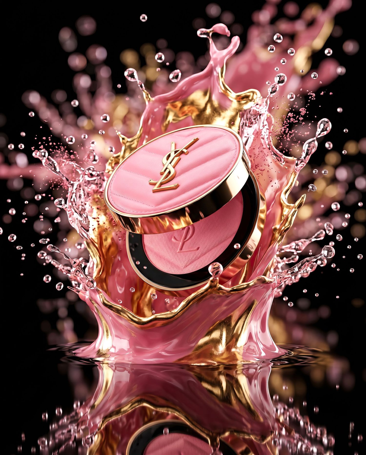 YSL Yves Saint Laurent pink compact powder exploding through gold and pink liquid splash.