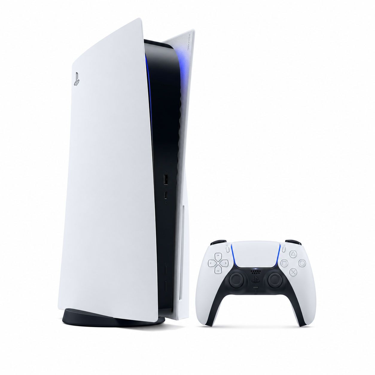 PlayStation 5 console with DualSense wireless controller in white and black design on white background.