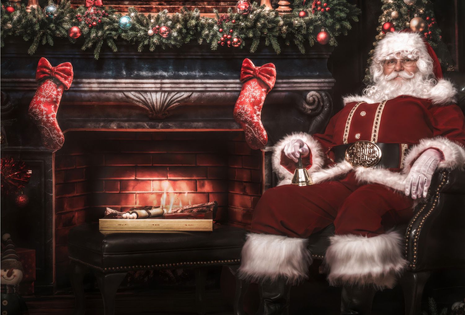 Santa Claus sitting in a chair by a glowing fireplace with Christmas stockings and festive decorations.