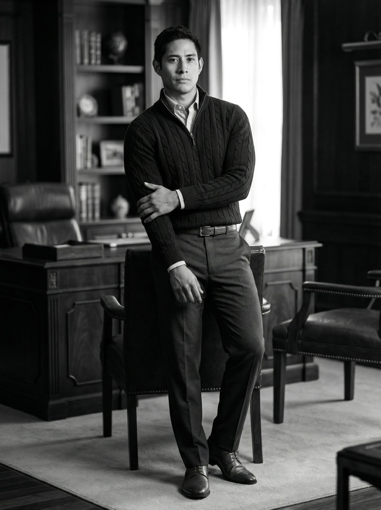 A professional man in a cable-knit sweater and dress pants stands confidently in an elegant office in black and white.