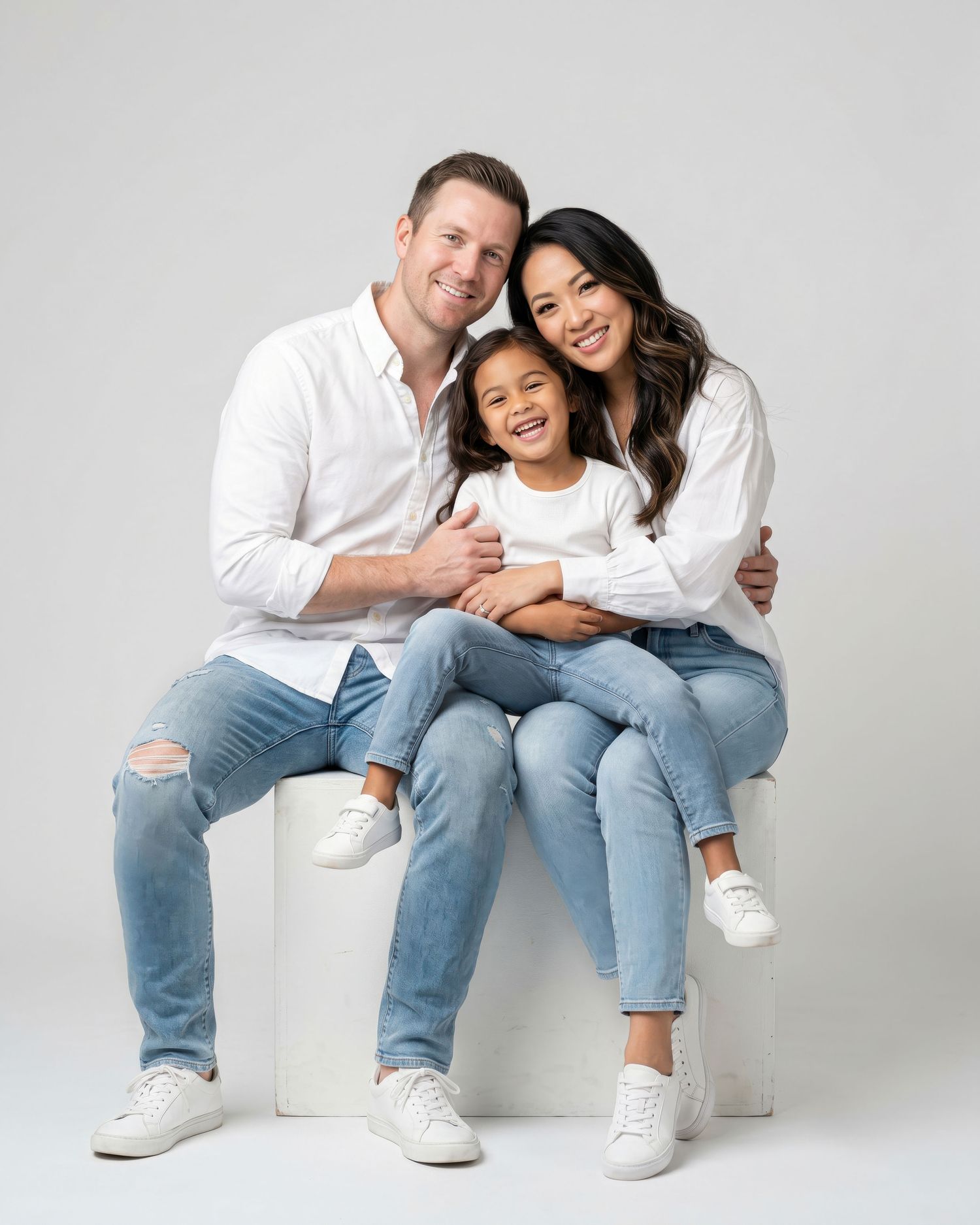 Family of three in white shirts and jeans posing on a white cube in a bright studio. an Ottawa studio Family portrait.