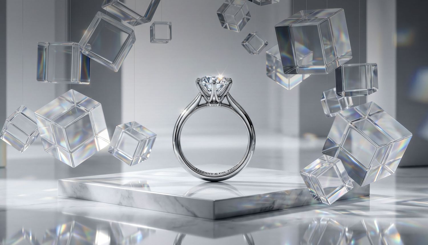 Elegant solitaire diamond engagement ring displayed on white pedestal surrounded by floating crystal cubes.