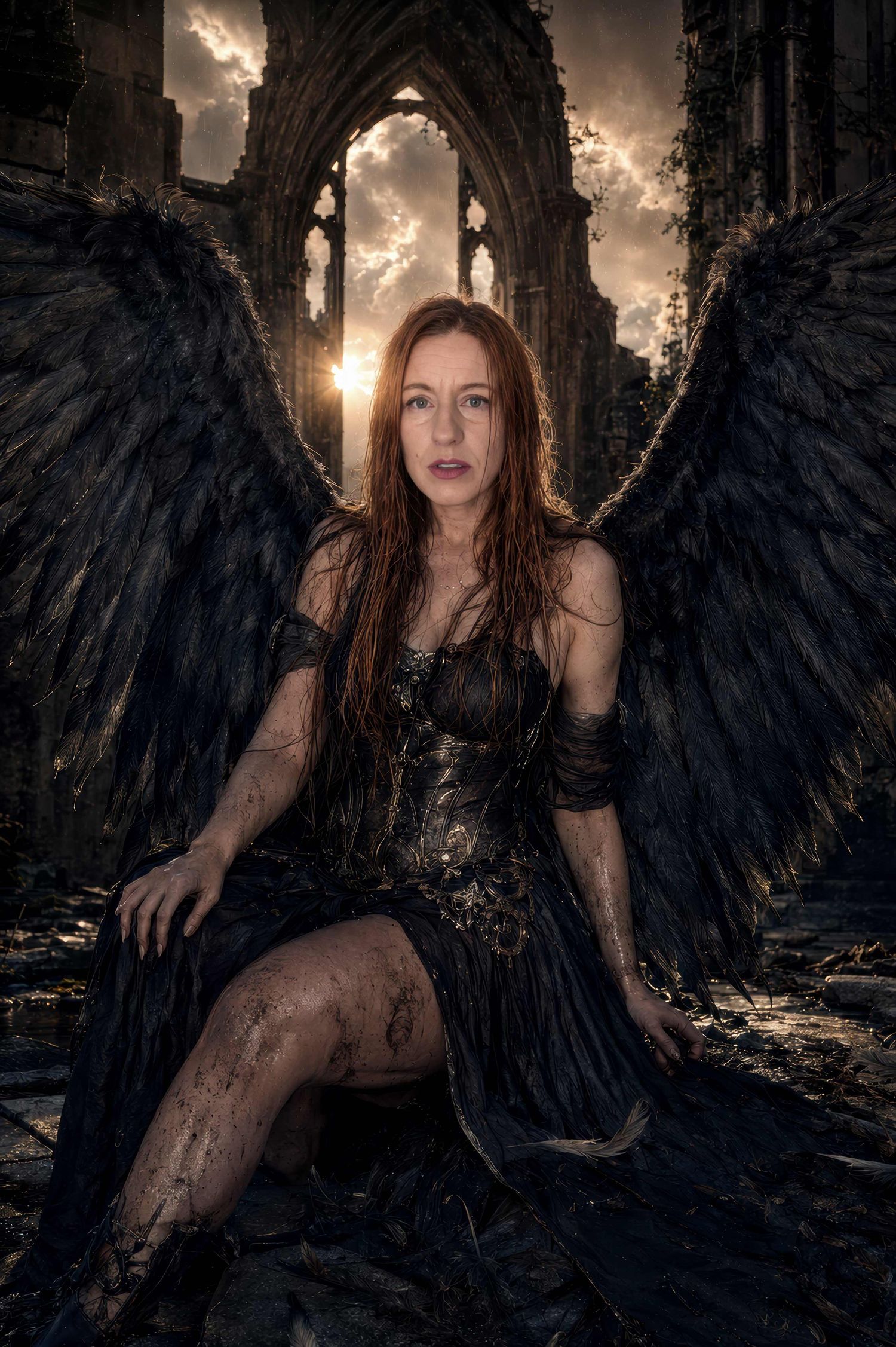 A redhead woman in black corset dress with dark angel wings sits in dramatic ruins under stormy skies.