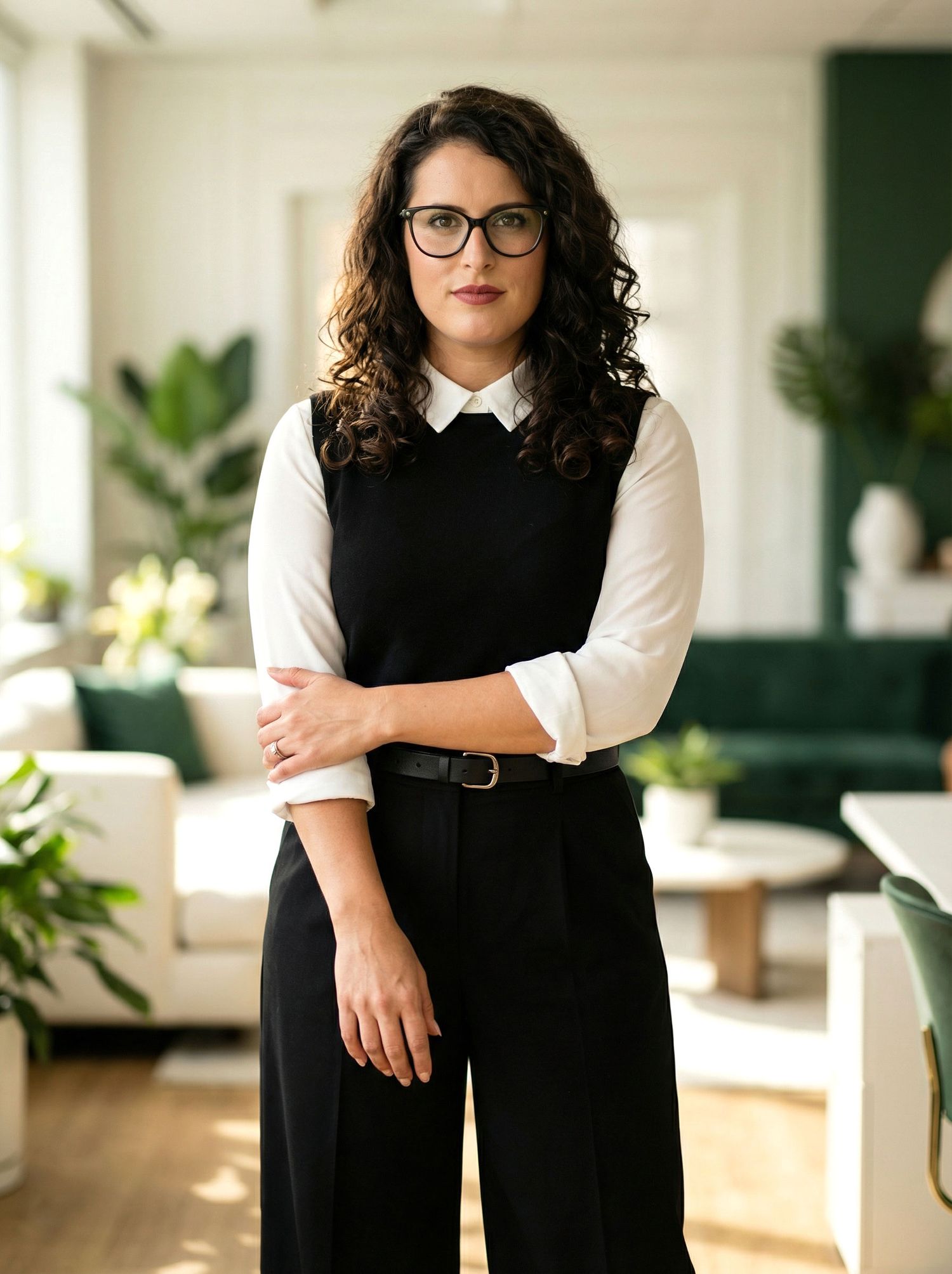 A woman with curly dark hair wearing glasses and a black vest over white shirt stands in a bright modern office.