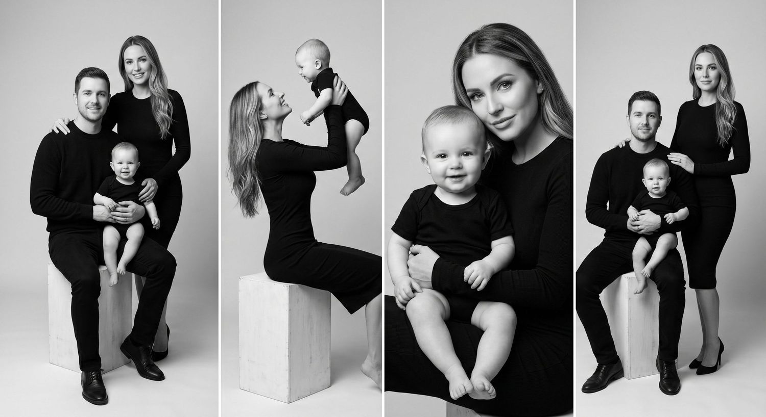 Black and white family portrait collage with parents in black outfits holding a baby. an Ottawa studio Family portrait.
