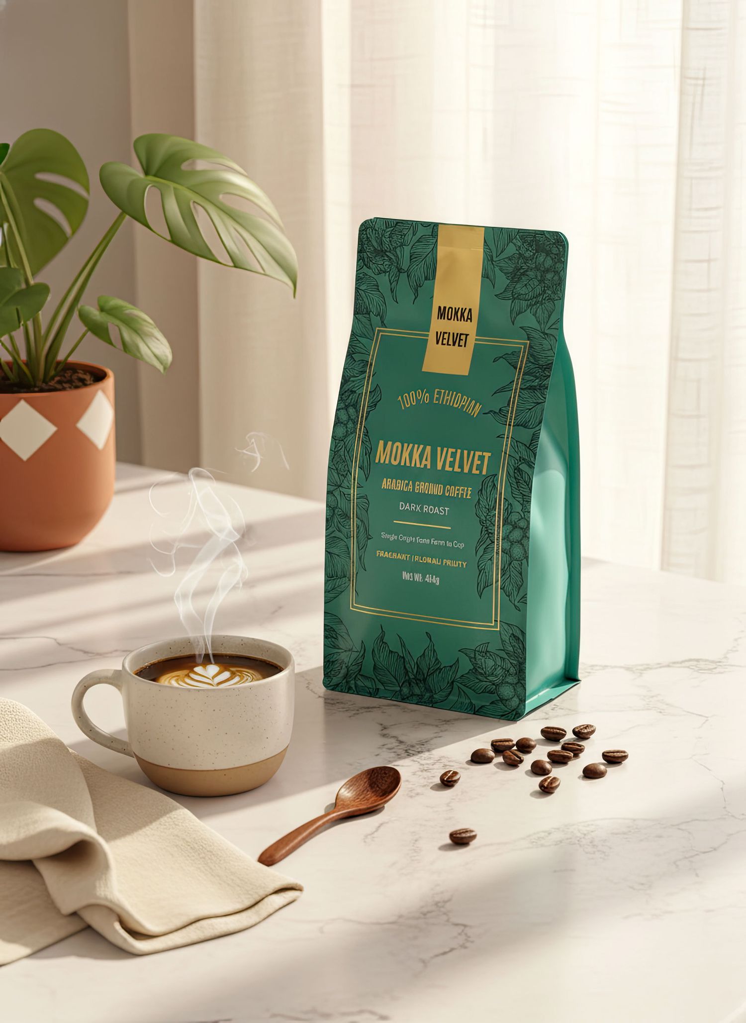 Mokka Velvet 100% Ethiopian arabica coffee bag beside steaming latte and coffee beans.