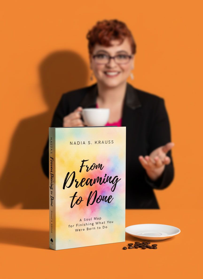 Author Nadia S. Krauss holding coffee cup beside her book From Dreaming to Done on orange background.
