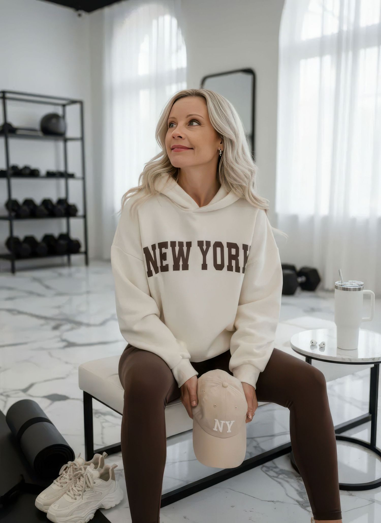 Blonde woman wearing cream New York hoodie sitting in modern gym with marble floors.