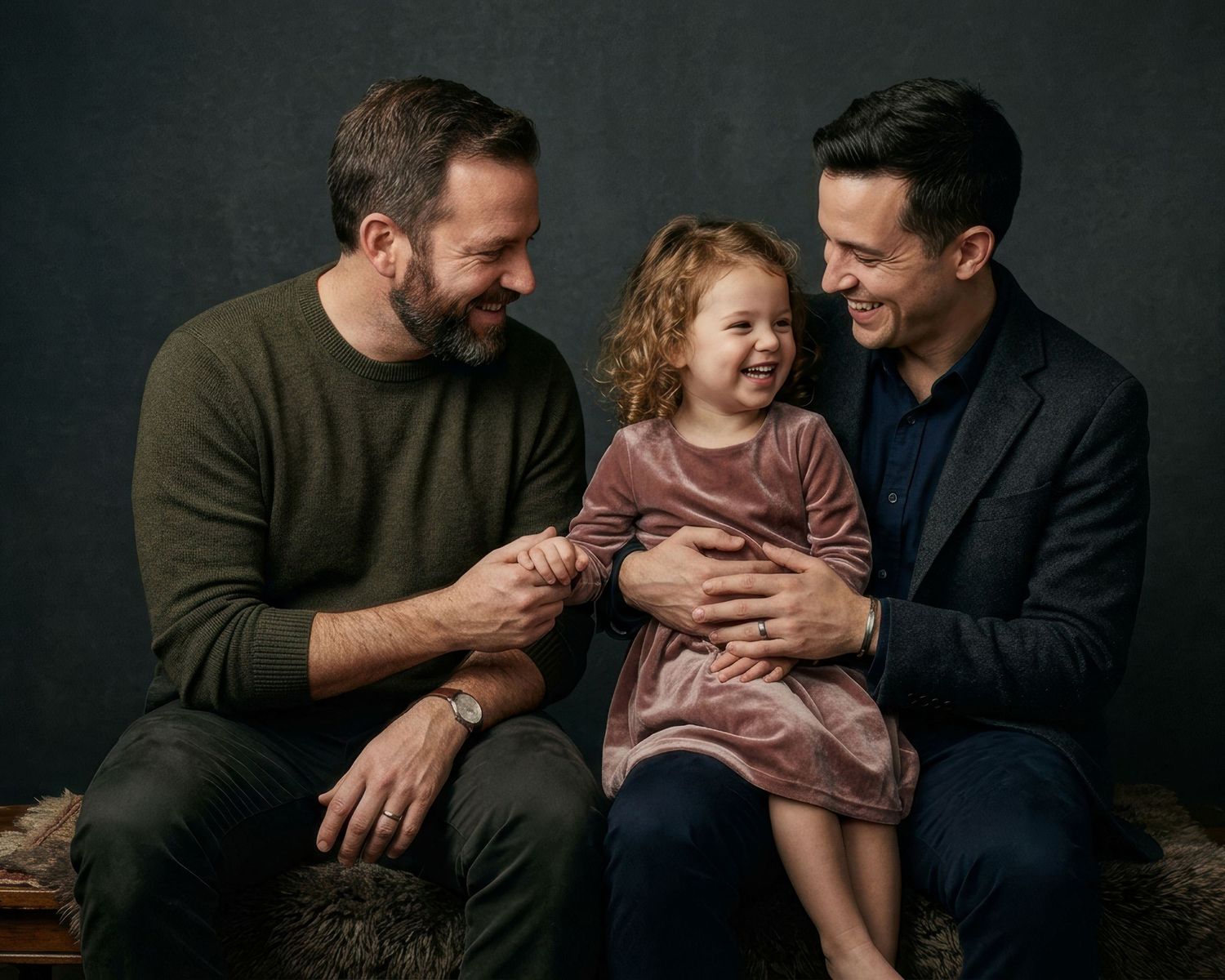 Two fathers laugh with their curly-haired toddler daughter in a warm studio family portrait. an Ottawa studio Family fine art portrait.