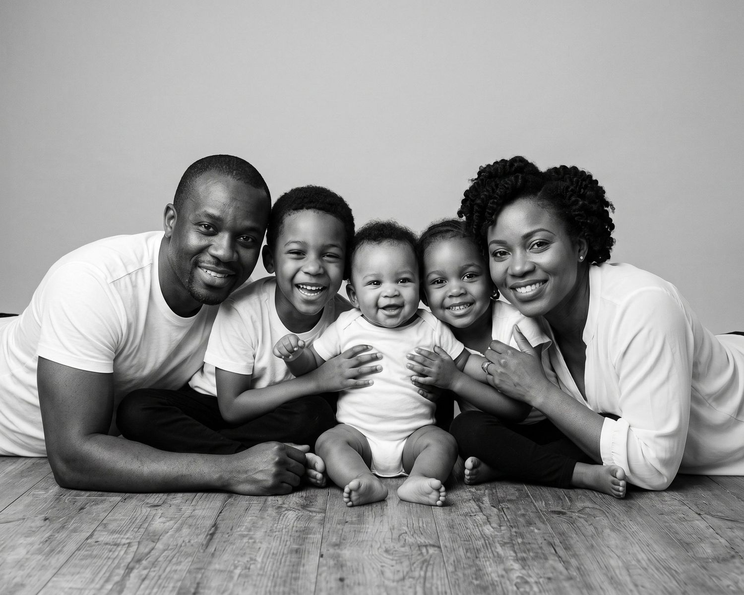 Black and white studio portrait of a joyful family of five lying on a wooden floor. an Ottawa studio Family portrait.