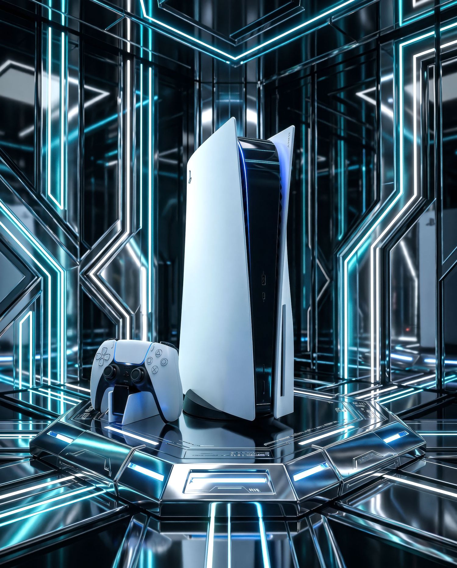 PlayStation 5 console and controller displayed in futuristic neon blue tech environment.