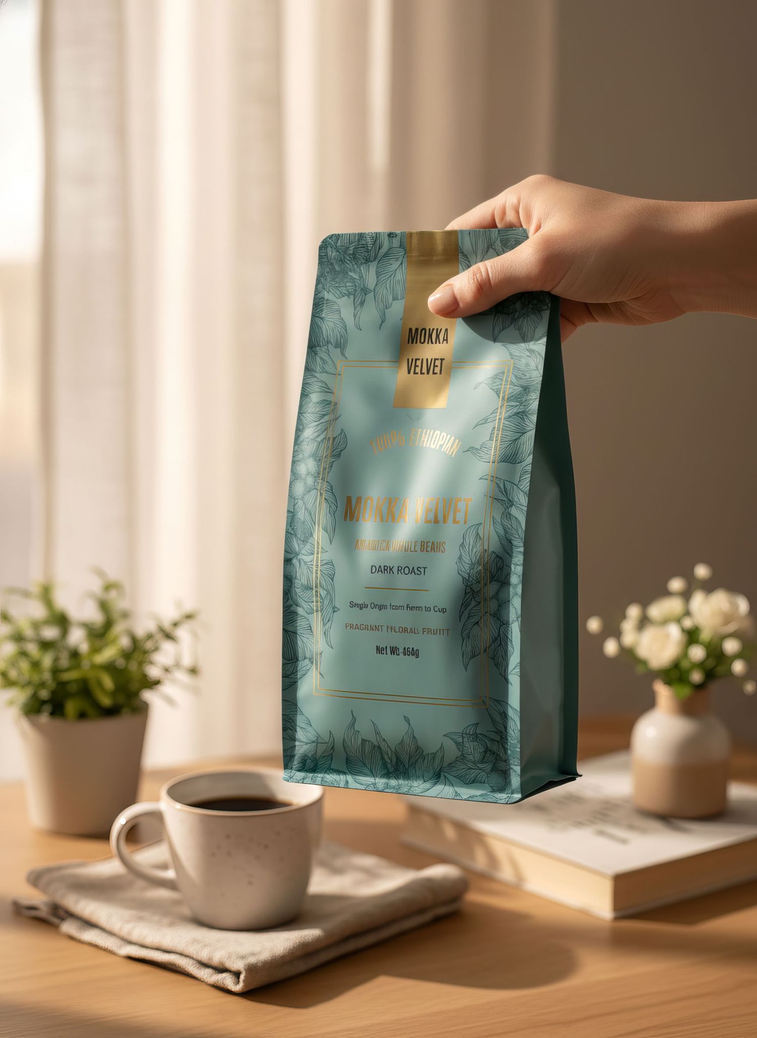 Hand holding teal Mokka Velvet dark roast coffee bag near cup on wooden table.