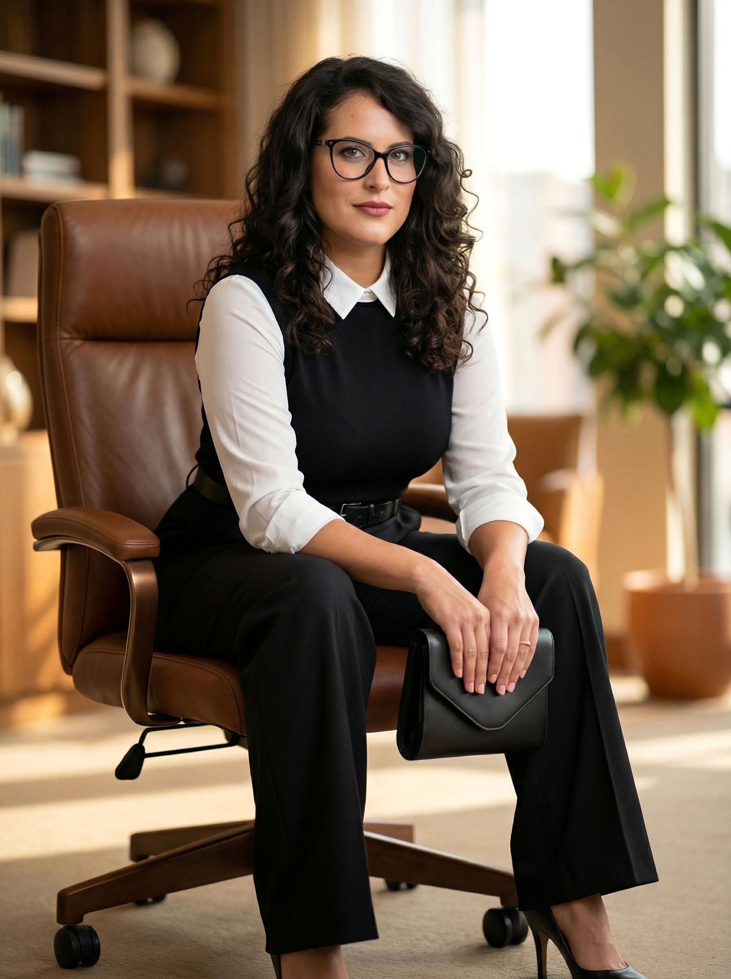 A professional woman with curly dark hair wearing glasses and a black vest sits in a leather office chair holding a clutch.