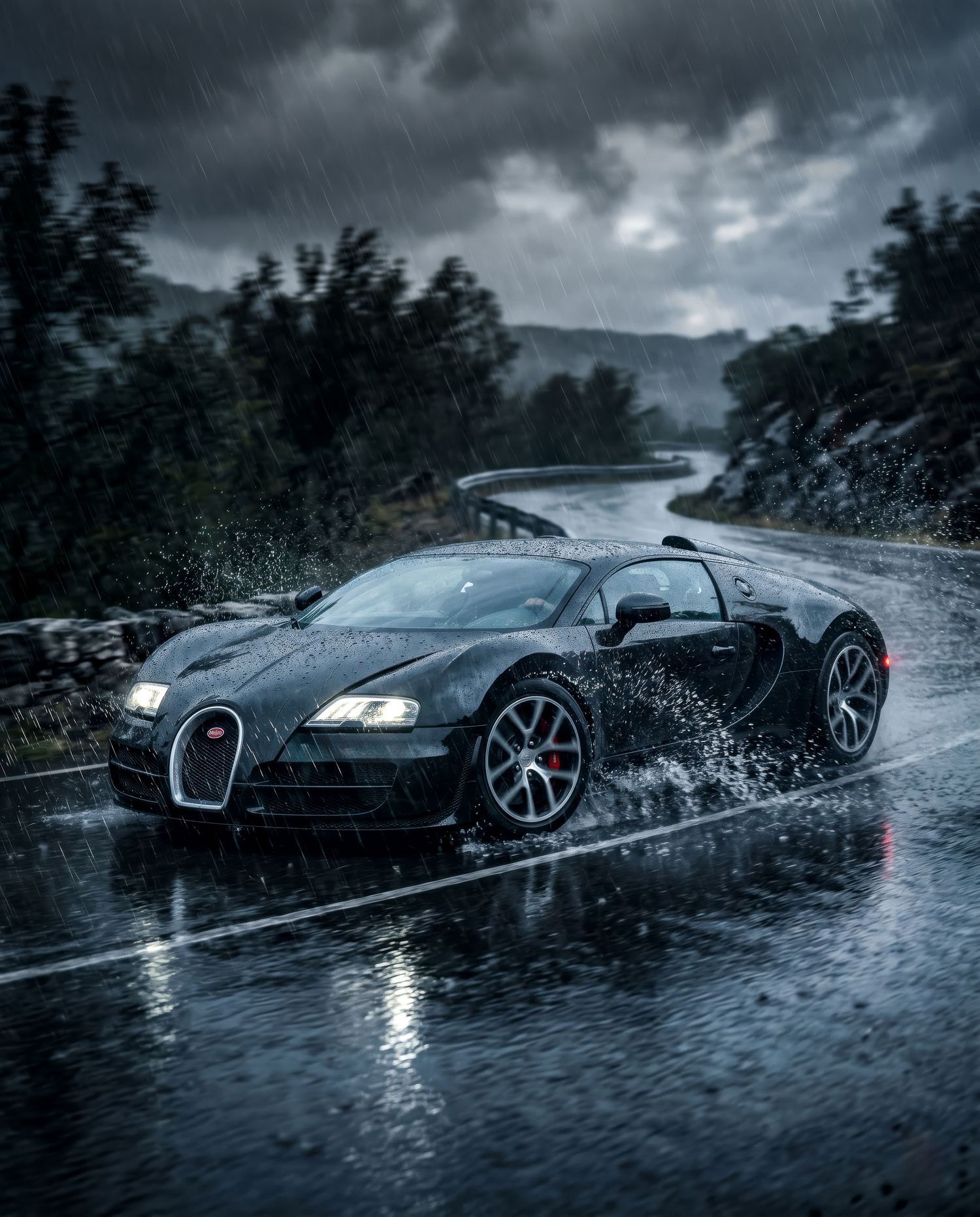 Black Bugatti Veyron supercar speeding on wet road in heavy rain storm.