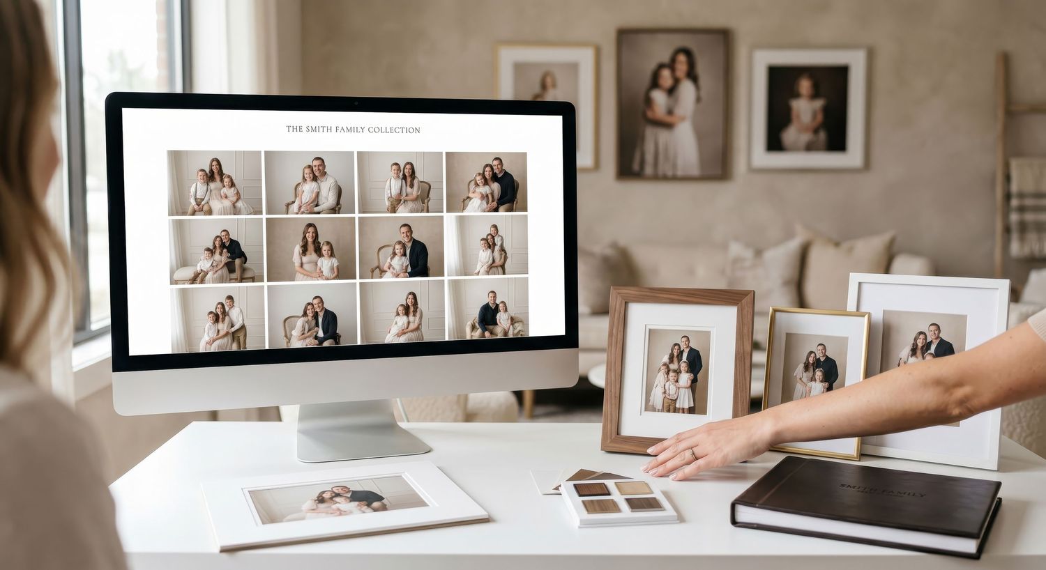 A photographer reviews a family portrait collection on a desktop monitor surrounded by framed prints. Ottawa photography