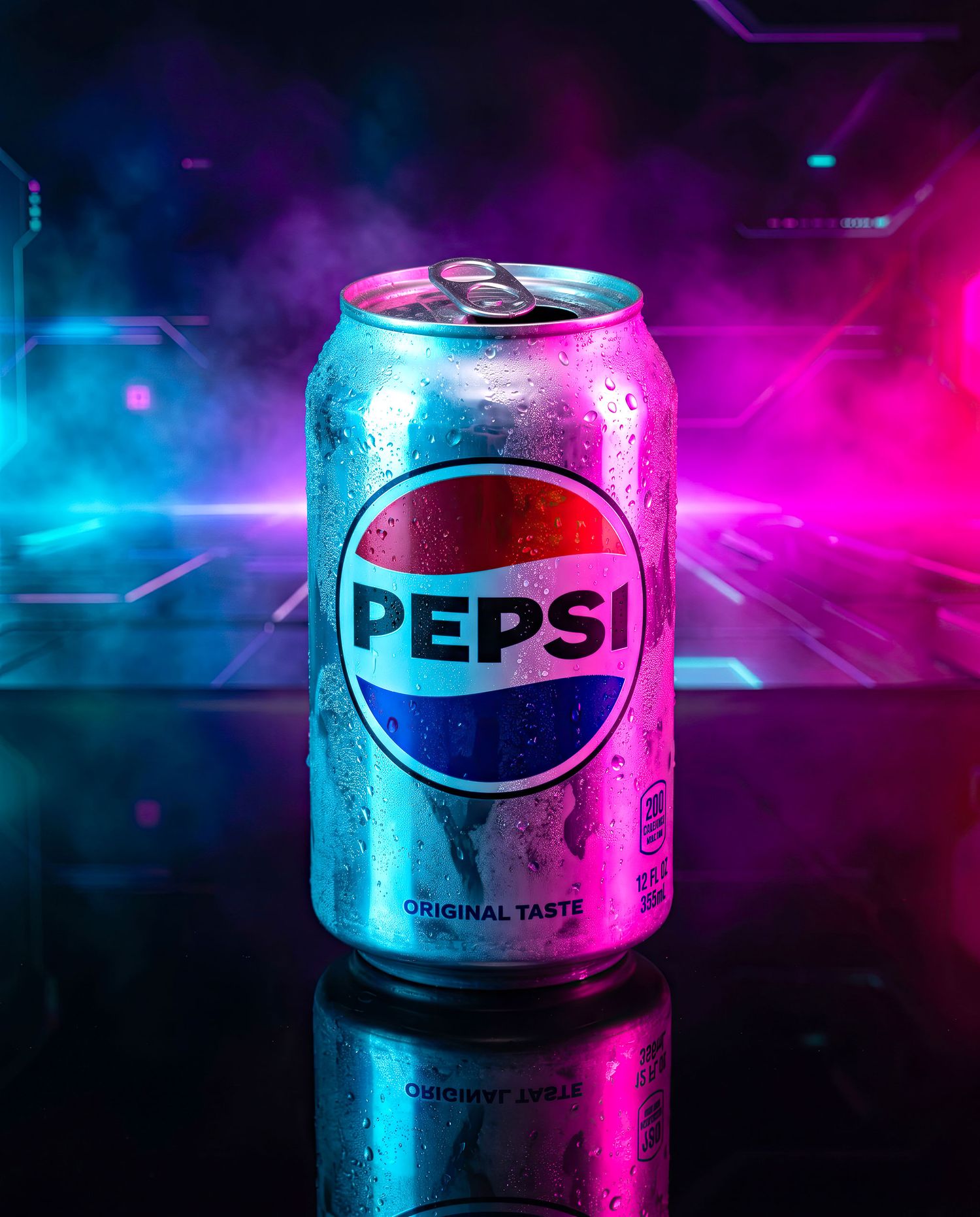 Pepsi Original Taste can with condensation glowing under vibrant neon pink and blue lights.