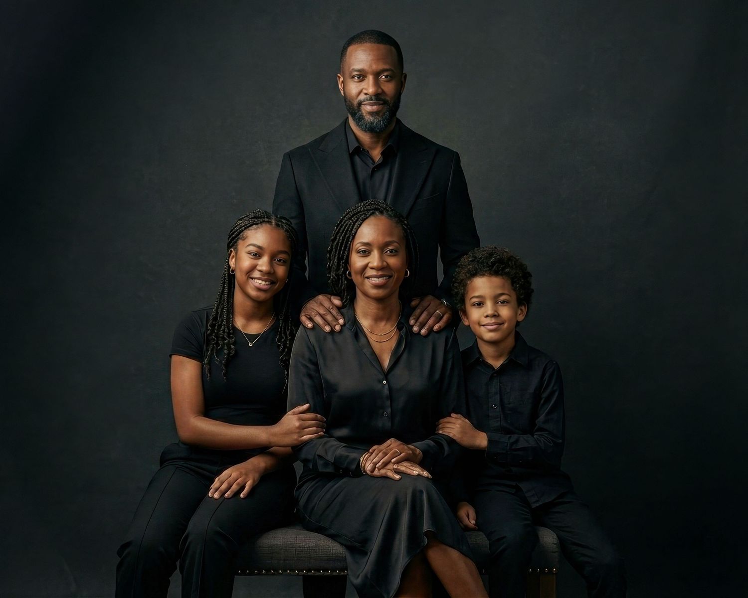 Black family of four in coordinating black outfits poses for a dramatic studio portrait. an Ottawa studio Family fine art portrait.