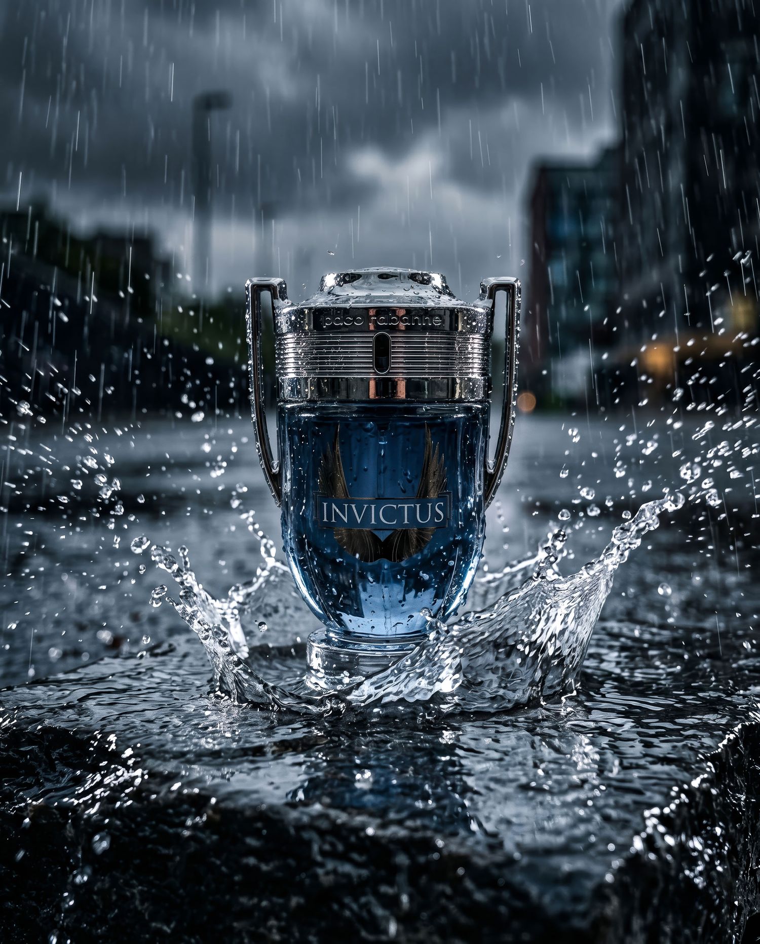 Invictus cologne bottle splashing in rain puddle on dark stormy urban street.